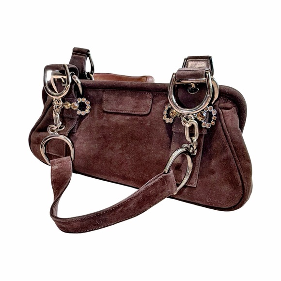 Stuart Weitzman Brown Suede Shoulder Bag I Crystal Buckle Hardware - Picture 4 of 13